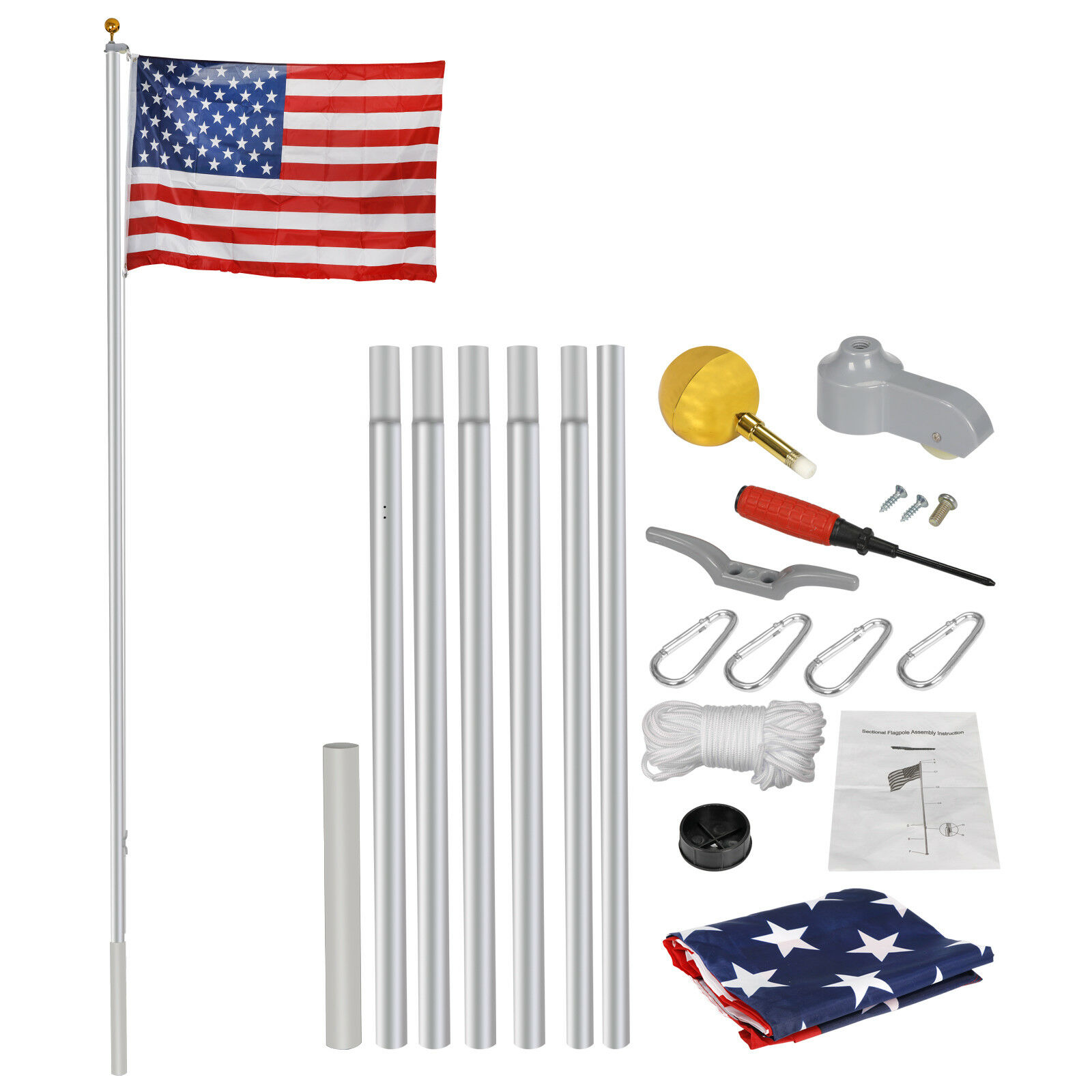 20 Ft Aluminum Flag Pole Kit  Halyard Polewith 1 Free 3'x5' Us Flag Heavy Duty