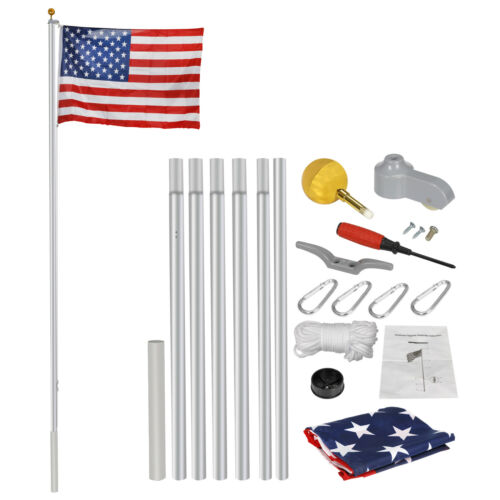 16/20/25ft Sectional Flagpole Aluminum  Kit Outdoor Halyard Pole + 1pc Us Flag