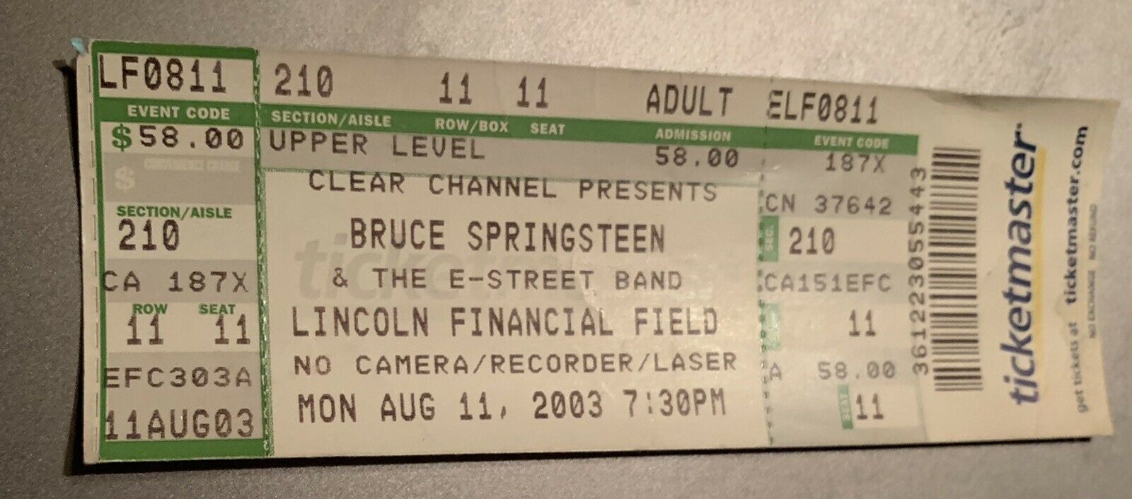 8/11/03 Bruce Springsteen - Concert Ticket Stub - Phila Lincoln Financial Field