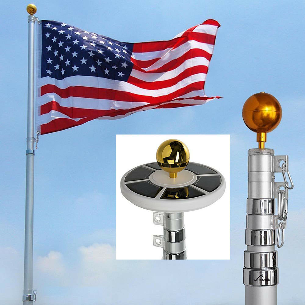 25ft Flag Pole Kit Telescopic Aluminum Flagpole Solar Lights 2 Flags
